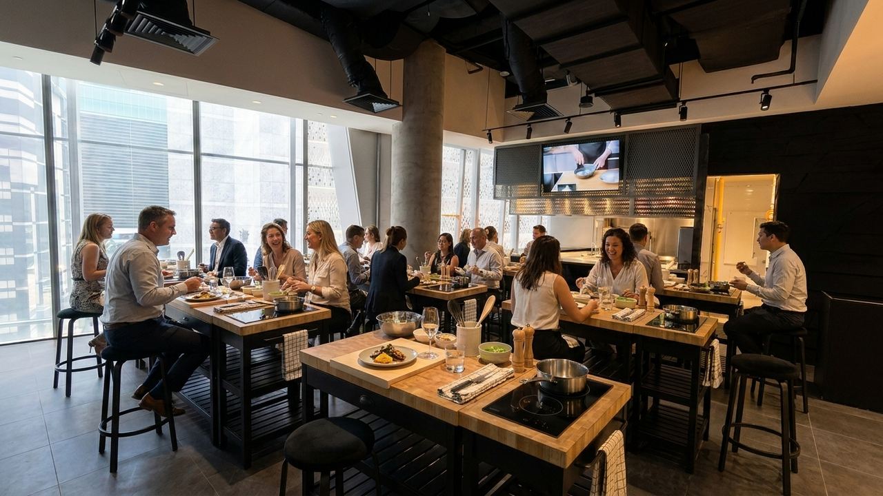 Guests dining at cooking stations converted into a dining table at D'Open Kitchen
