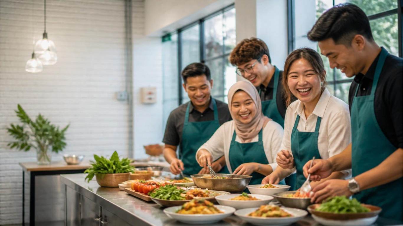 The D'Open Kitchen team cooking and laughing together in our Singapore studio