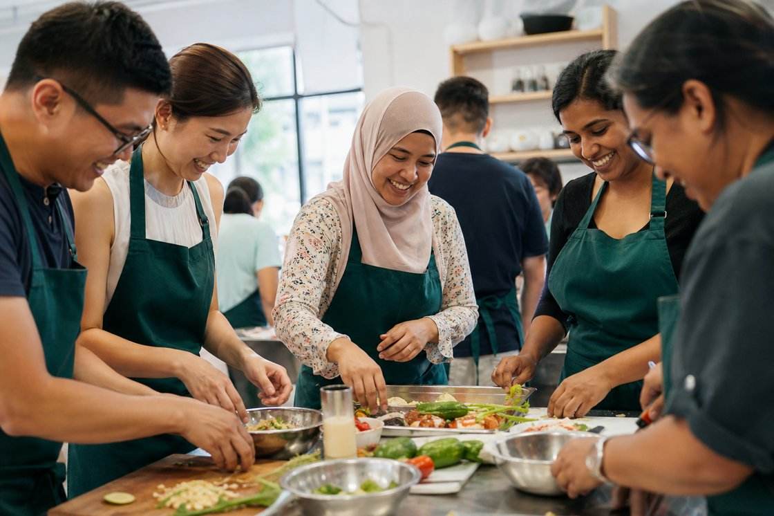 A diverse team cooking together at D'Open Kitchen Singapore