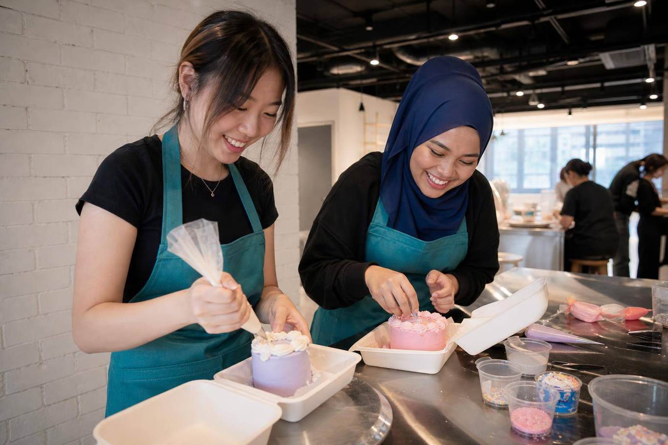 Guests decorating their pastel bento cakes during a class at D'Open Kitchen Singapore