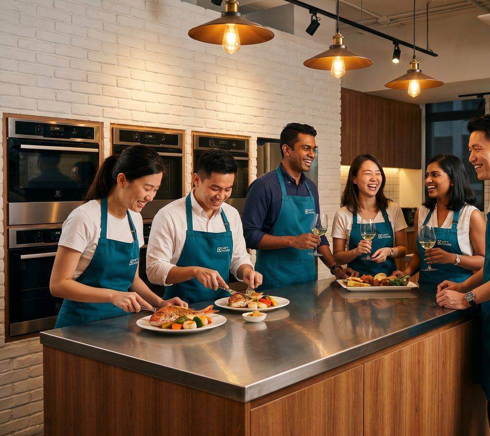 A team cooking and dining together in one venue at D'Open Kitchen