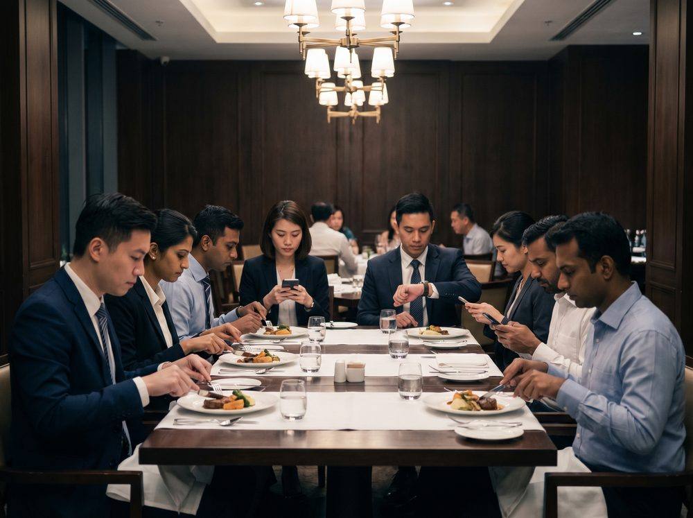 A quiet corporate restaurant dinner with colleagues looking at their phones