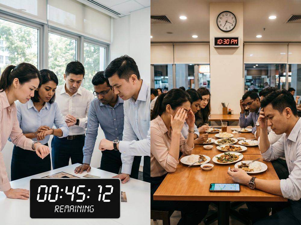 A team rushing between an activity venue and a late separate dinner