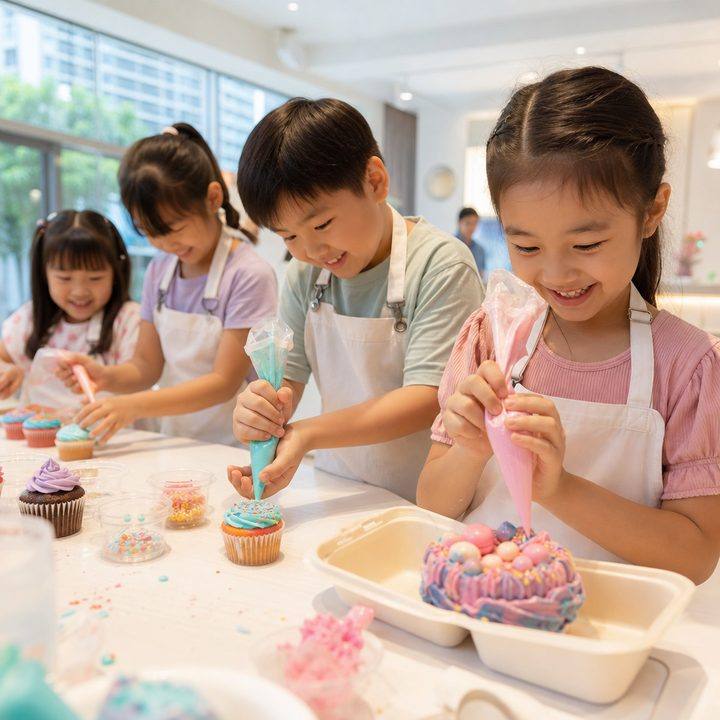 Kids decorating cupcakes at a D'Open Kitchen cooking camp