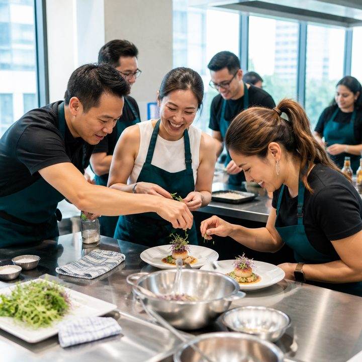 Corporate team building cooking challenge at D'Open Kitchen Singapore