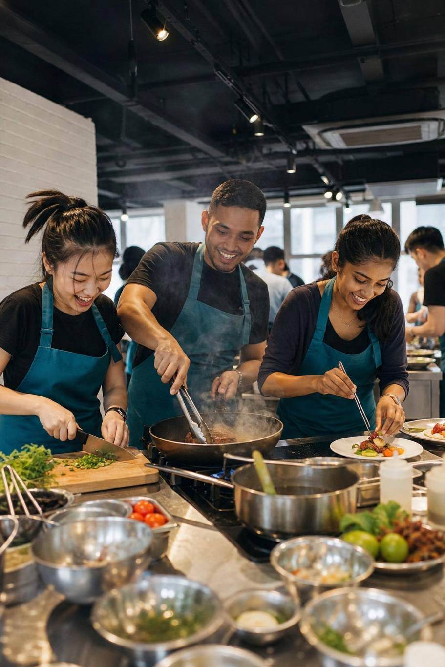 Hands-on cooking at a station during a workshop at D'Open Kitchen Singapore
