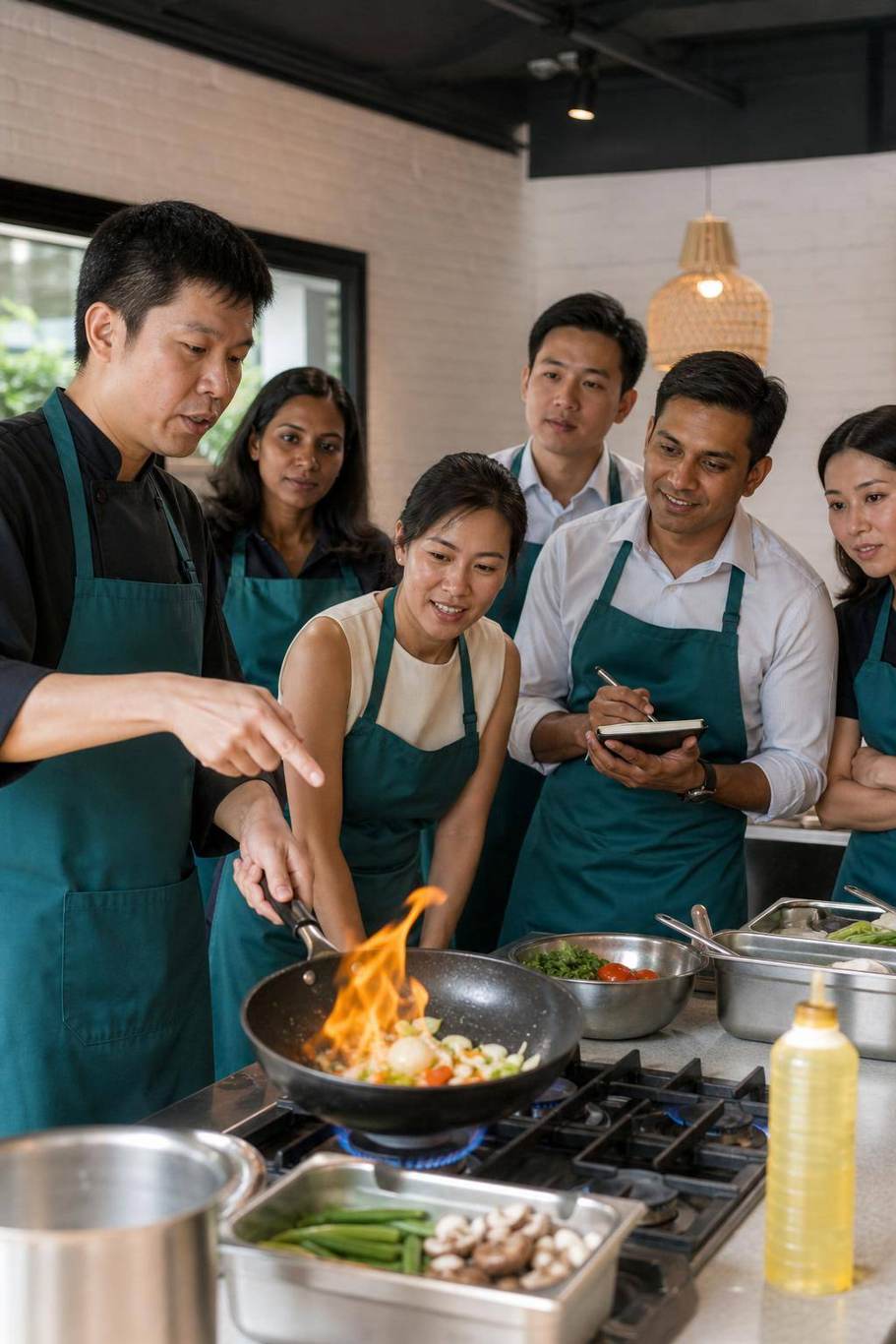 Participants cooking in pairs at D'Open Kitchen Singapore