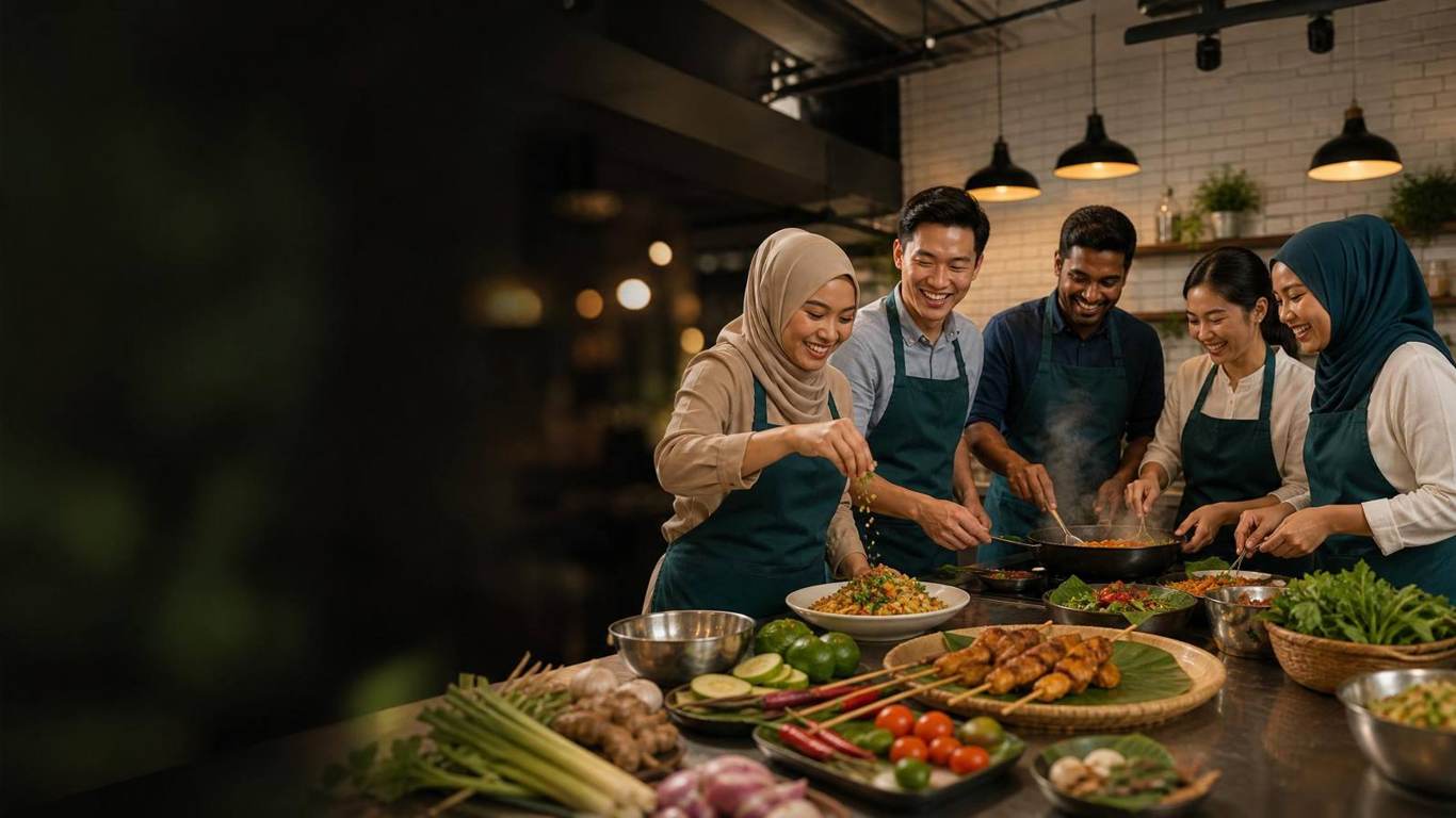 Diverse corporate team including hijab-wearing colleagues cooking together at a halal team building event at D'Open Kitchen Singapore