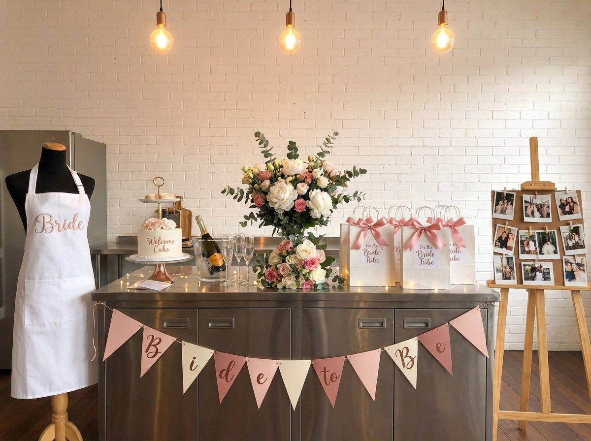 A styled bride-to-be dessert table with fresh flowers and banner at D'Open Kitchen Singapore