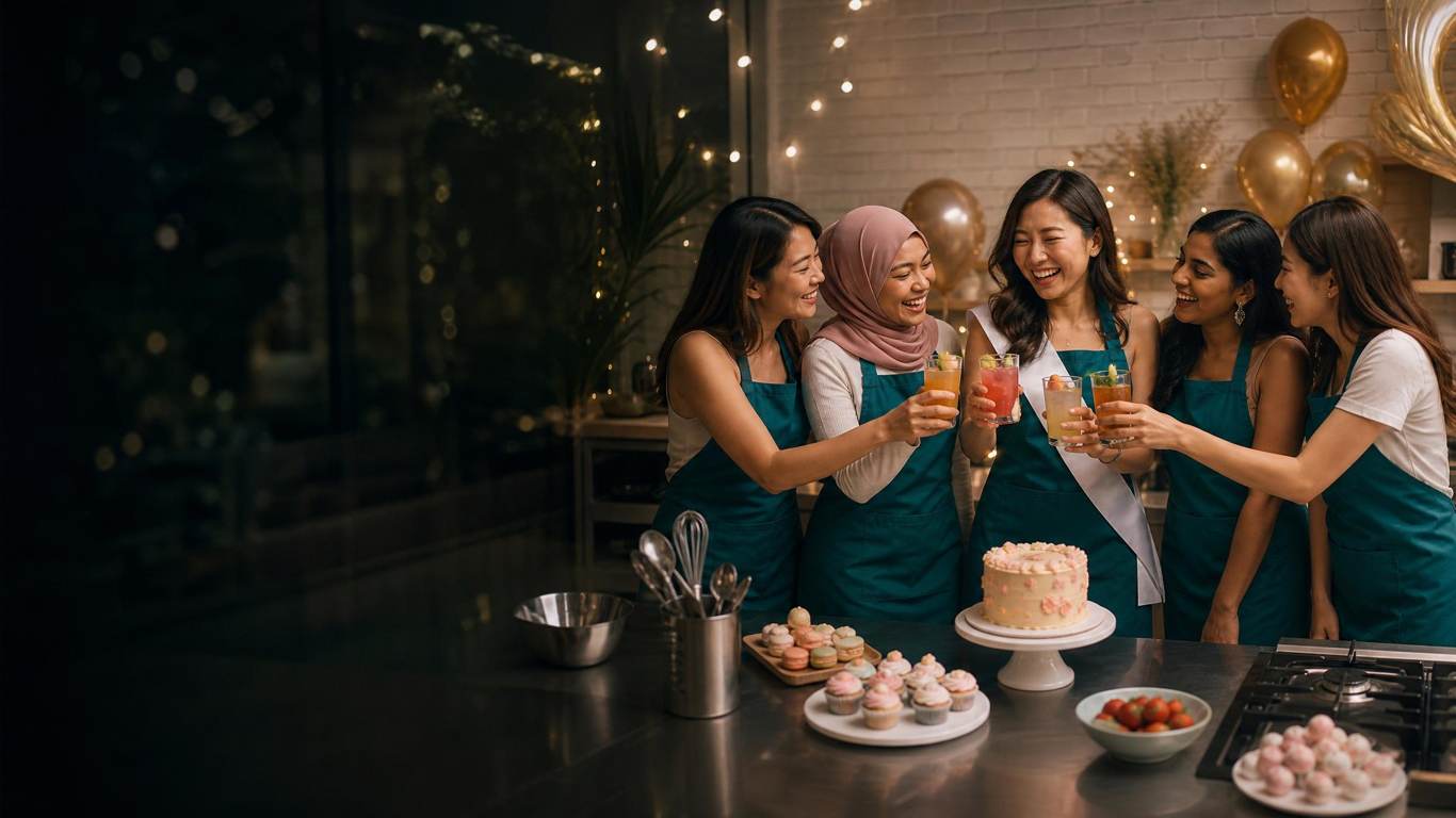 Friends toasting with mocktails at a bachelorette party cooking class at D'Open Kitchen Singapore