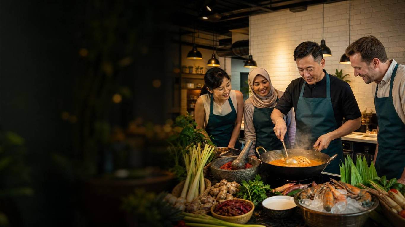 A chef stirs laksa in a wok while guests watch during a Singapore heritage cooking class at D'Open Kitchen