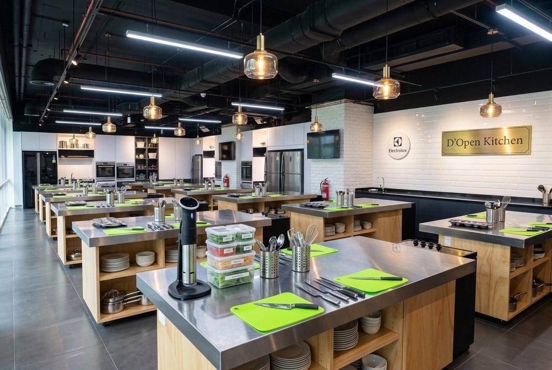 A real professional cooking studio, not a home kitchen