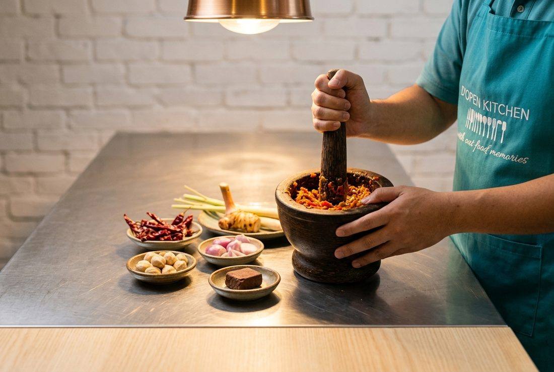 Pounding rempah with a mortar and pestle in a Singapore heritage cooking class
