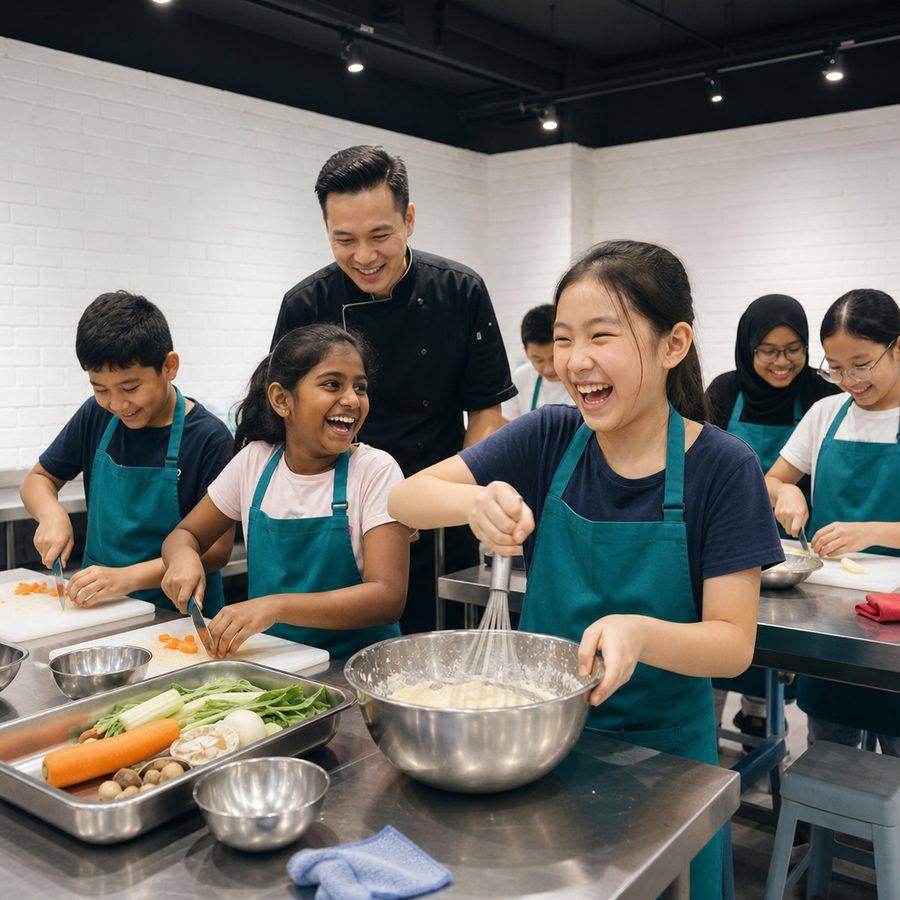Kids cooking at a Junior Chef holiday camp in Singapore