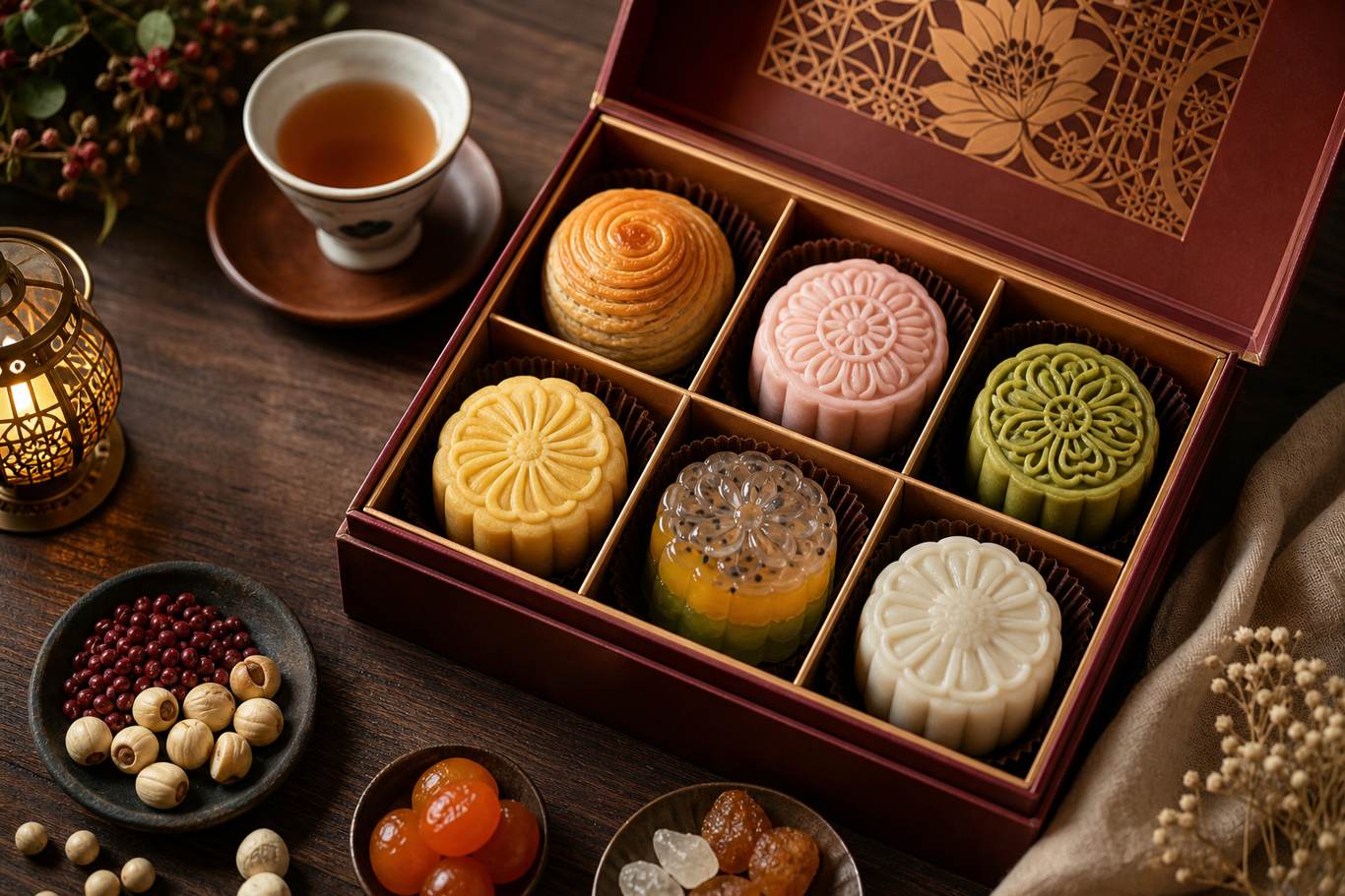 A festive gift box of assorted handmade Teochew, snowskin and jelly mooncakes made at D'Open Kitchen Singapore