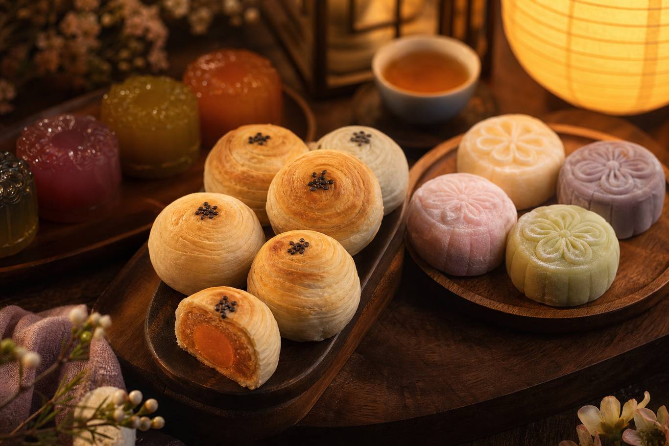 An assortment of handmade flaky, snowskin and jelly mooncakes for a Mid-Autumn masterclass in Singapore