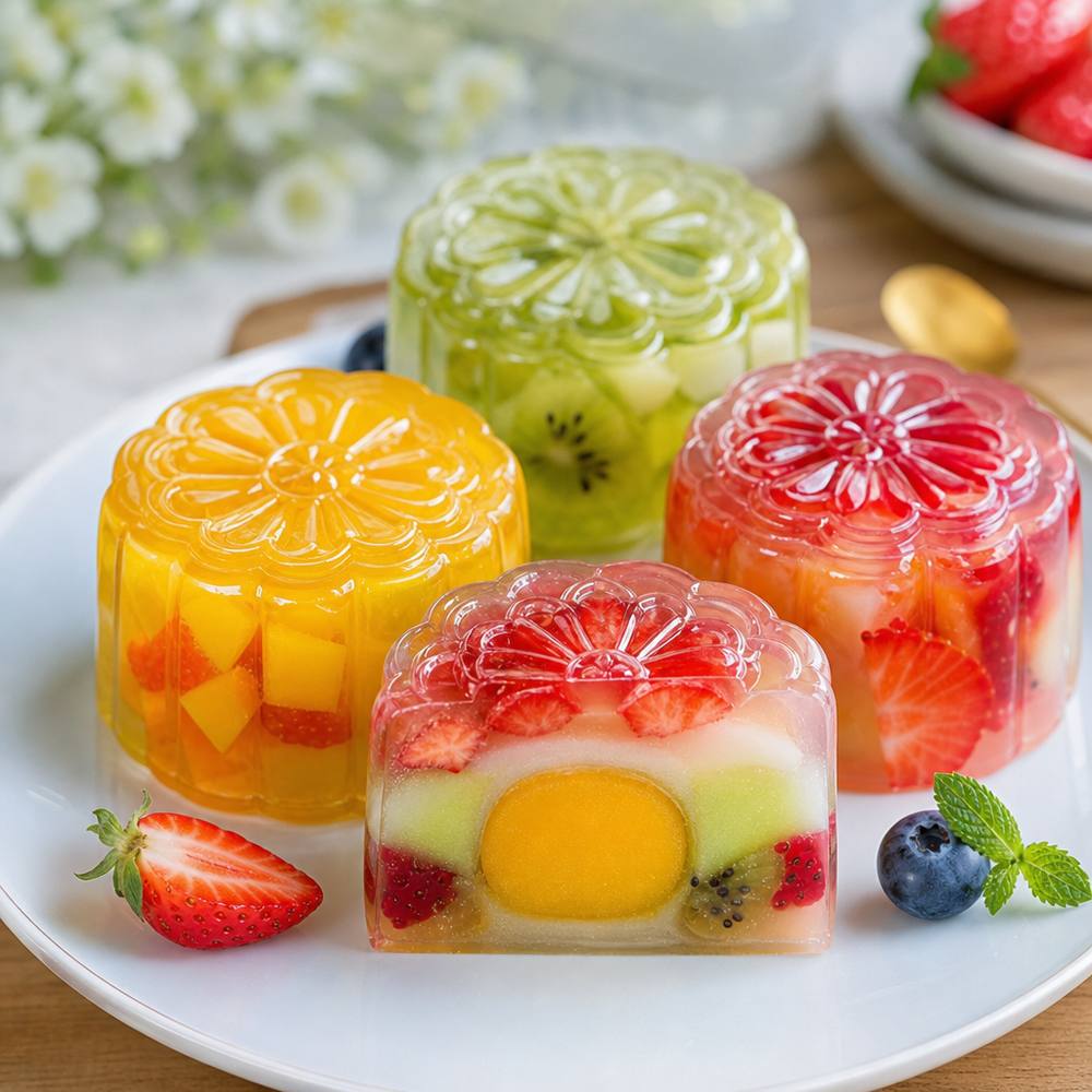 Vibrant translucent jelly mooncakes with layered designs and fruit
