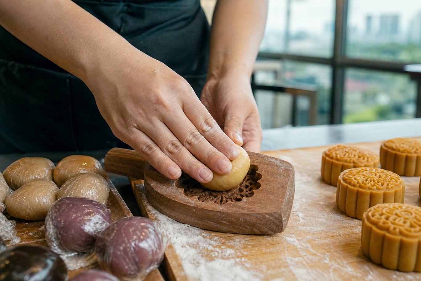 Hands pressing mooncake dough into a decorative mould at a class in Singapore
