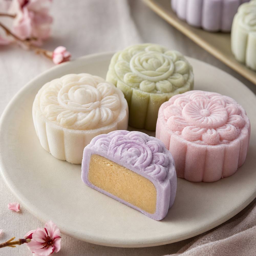 Soft pastel snowskin mooncakes with moulded floral patterns
