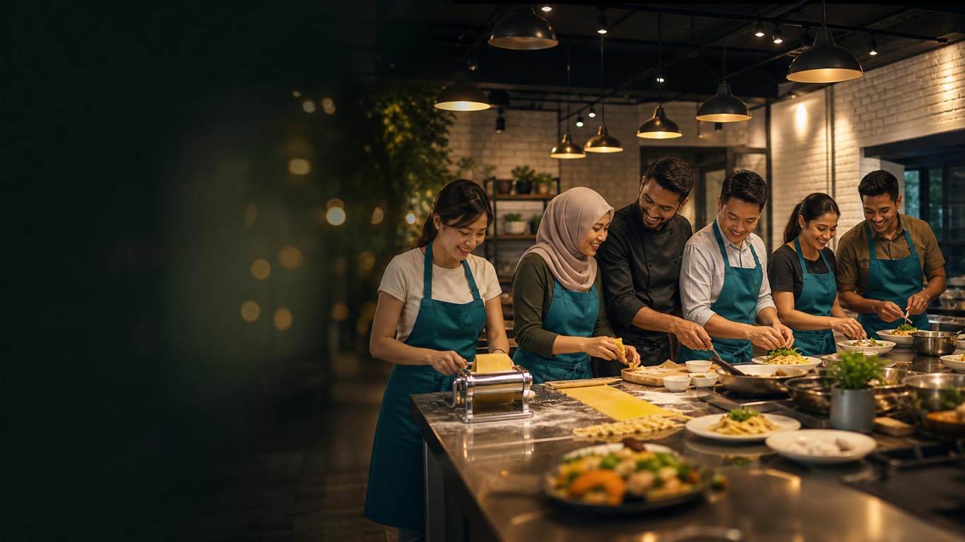 A corporate team cooking together at a relaxed non-competitive session at D'Open Kitchen Singapore