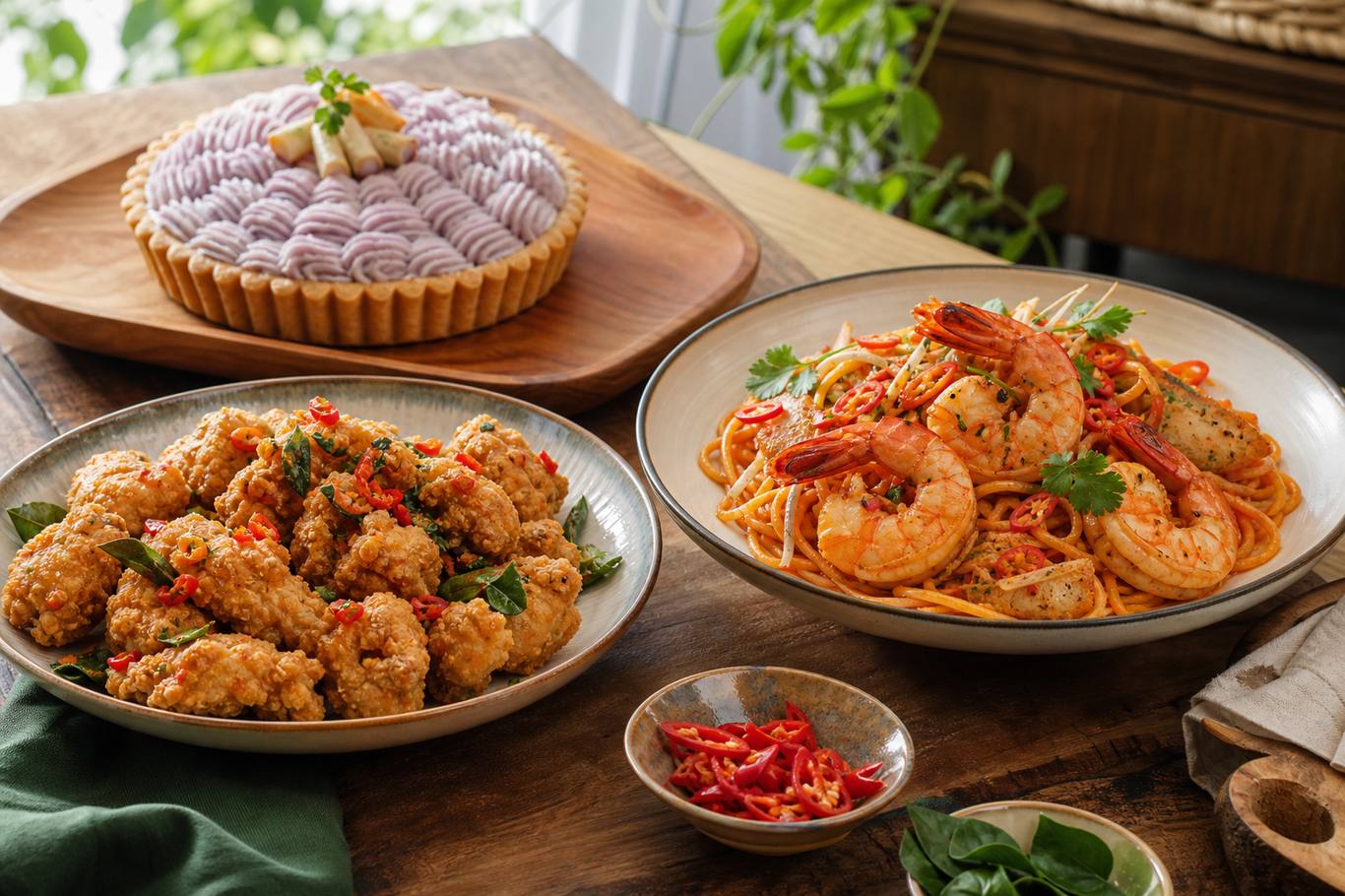 A modern Singaporean fusion spread of salted egg chicken, laksa prawn linguine and orh nee tart for a National Day cooking workshop