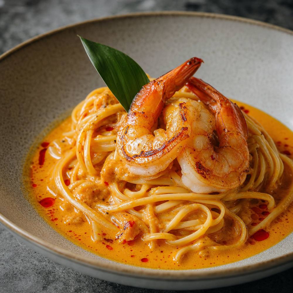 Laksa prawn bisque linguine topped with seared prawns in a rich orange sauce