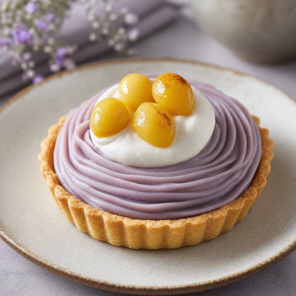 A modern orh nee tart with flaky shortcrust, smooth yam paste, coconut cream and ginkgo nuts