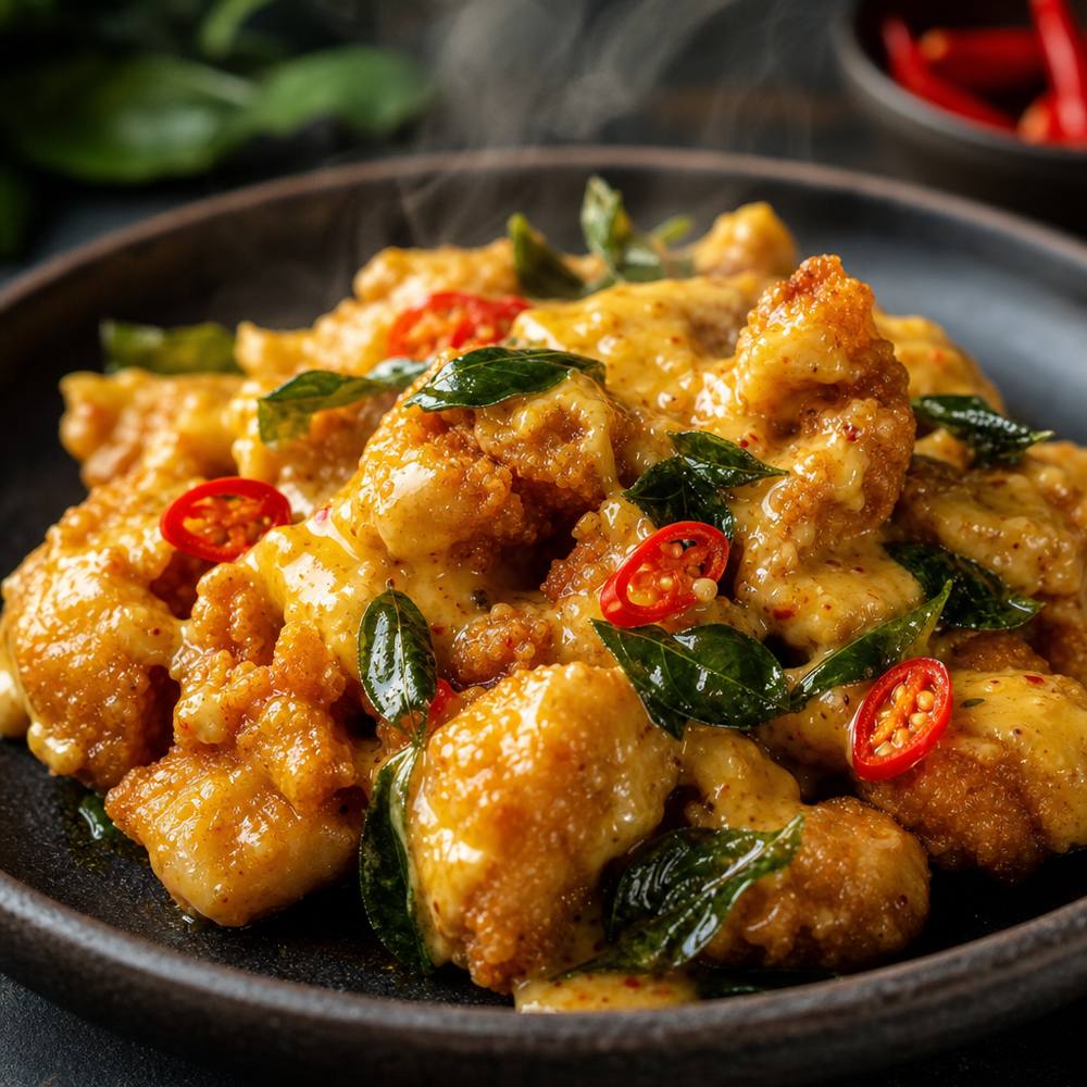 Crispy salted egg chicken pao pao tossed in a golden salted egg yolk sauce with curry leaves and chilli