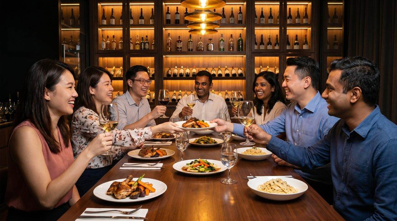 A team enjoying a cooking dinner event at D'Open Kitchen Singapore
