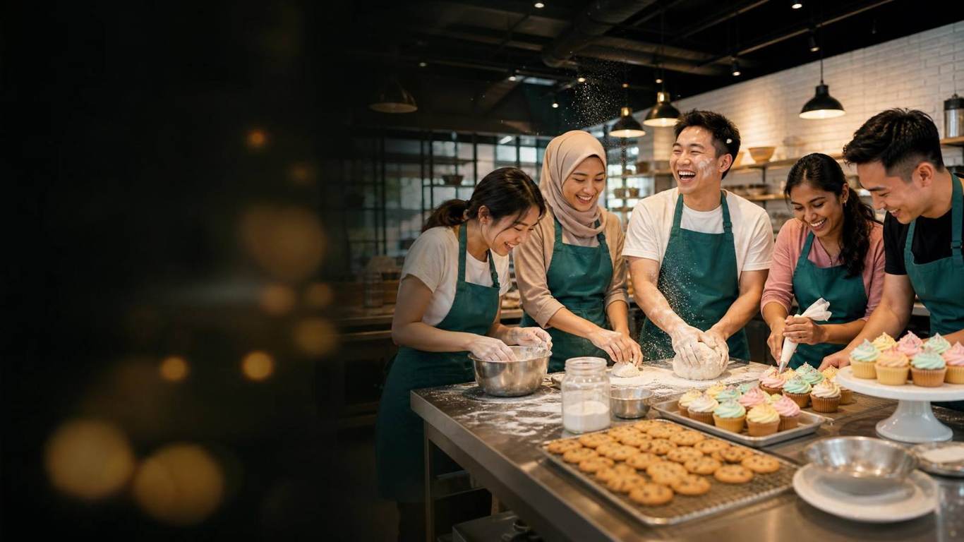A corporate team laughing while kneading dough and decorating cupcakes at a baking team building in Singapore