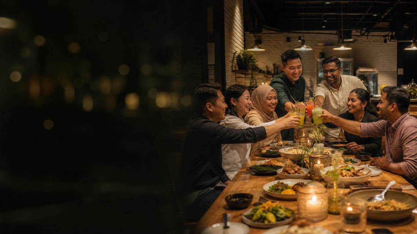 A corporate team toasting over a dinner spread they cooked together at D'Open Kitchen Singapore