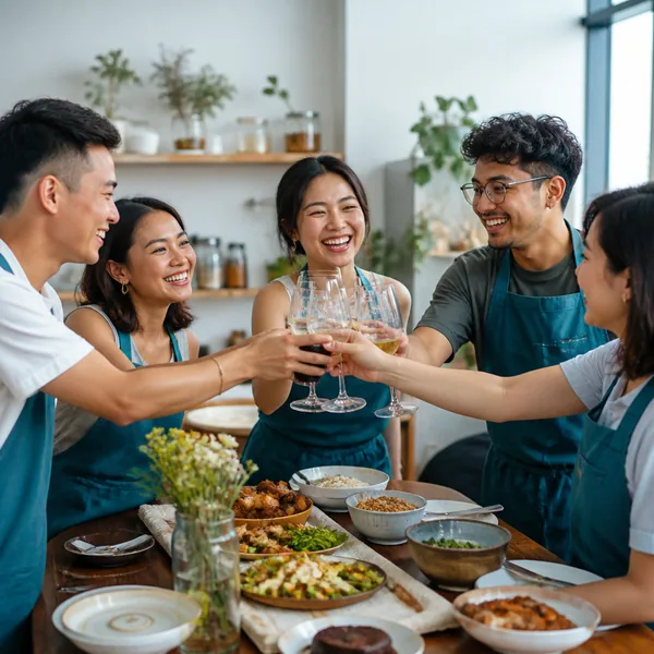 Friends toasting over the meal they cooked at D'Open Kitchen Singapore