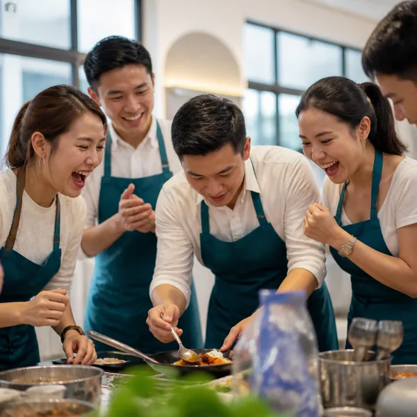 A team competing at a cooking team building cook-off in Singapore