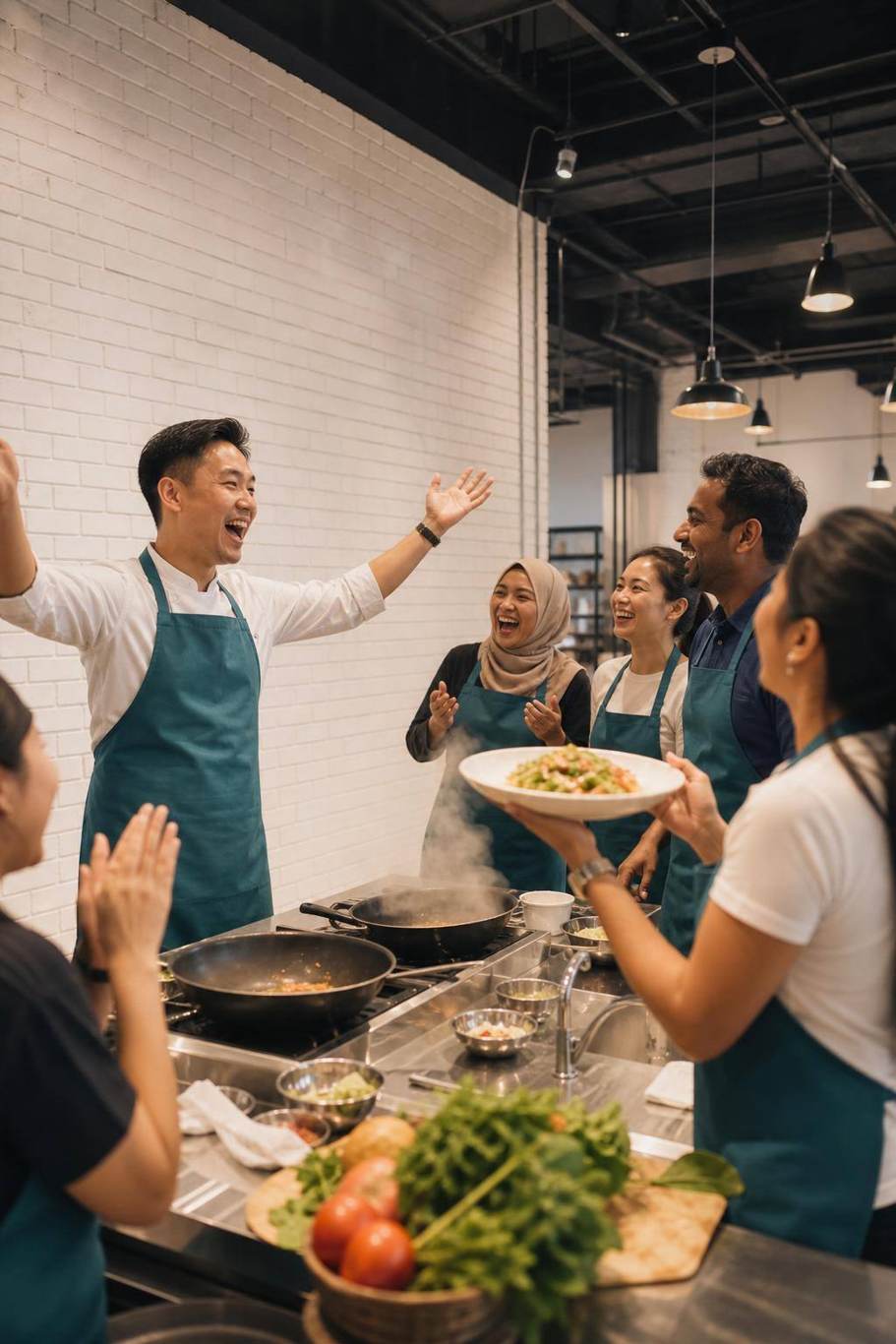 A D'Open Kitchen chef facilitator rallying a team during a cooking challenge in Singapore