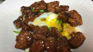 Japanese Beef Cubes Rice made during a cooking team building class