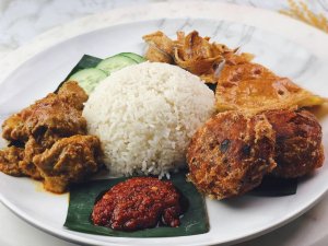 Nasi lemak with chilli and fried chicken