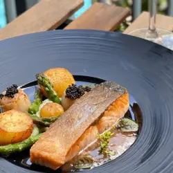 Pan Seared Salmon with Fondant Potatoes & Asparagus