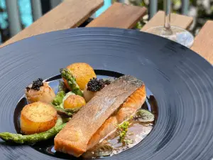 Pan Seared Salmon with Fondant Potatoes & Asparagus