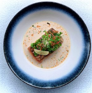 Pan Seared Barramundi in Thai Spices Coconut Broth