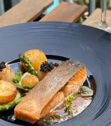 Pan Seared Salmon with Fondant Potatoes & Asparagus