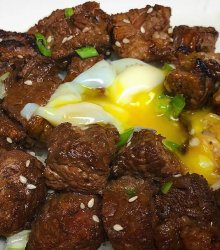 Japanese Beef Cubes Rice made during a cooking team building class